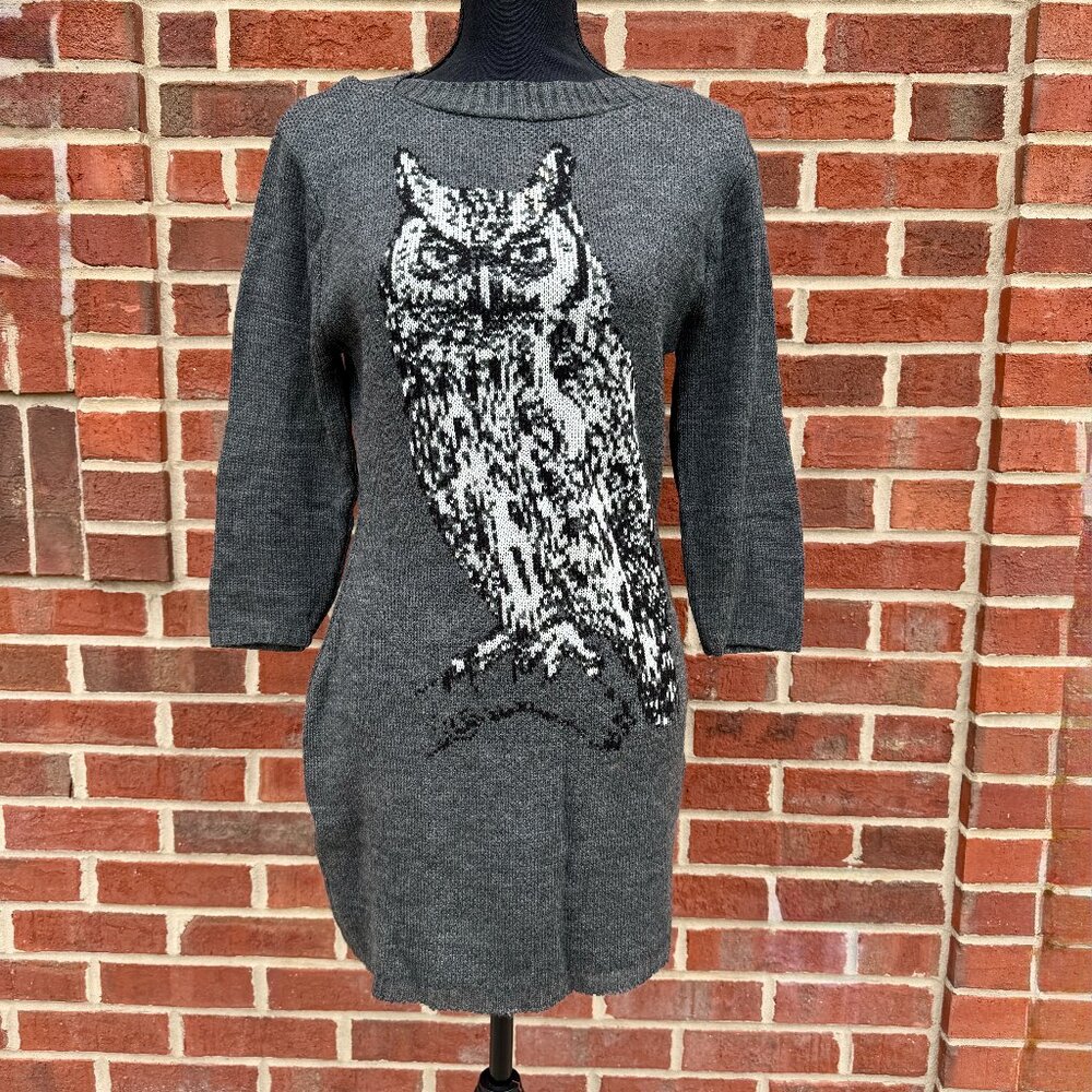 Hot Shot Mini Sweater Dress Tunic Medium Gray Whimsical Owl Graphic
